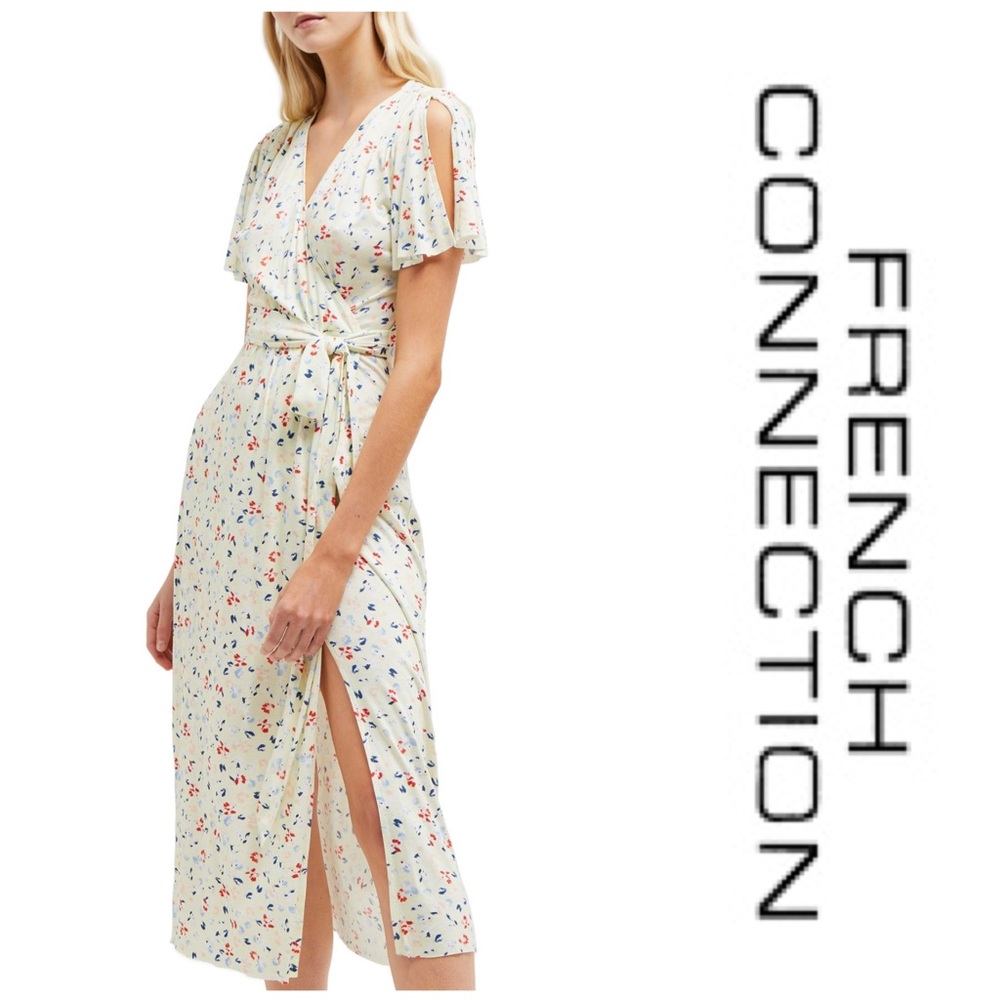 French Connection Cream Floral Wrap Midi Dress with Side Slit